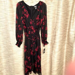 DKNY Black/Red Printed Chiffon Faux Wrap Belted Midi Dress Size 12 New w/Tags